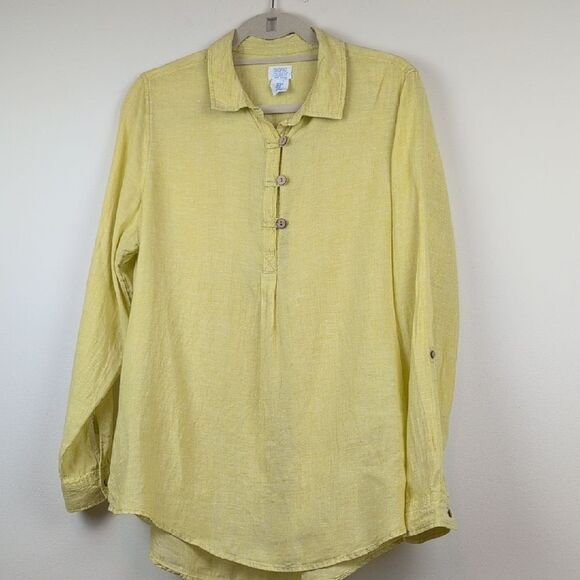 Signed Olsen Yellow Green Linen Roll Tab Sleeves Linen Shirt Size M - Picture 8 of 8